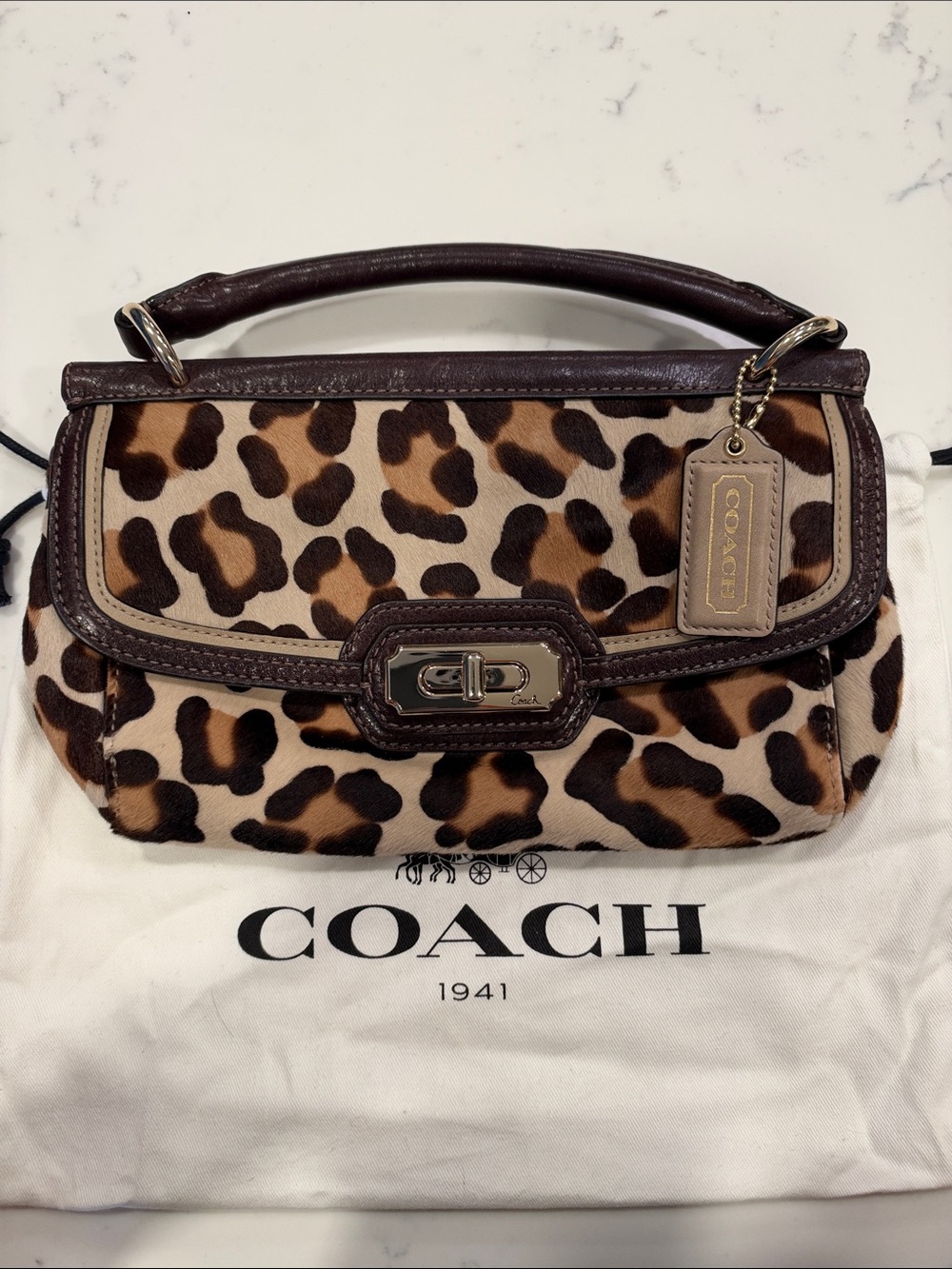 COACH Leopard Calf Hair Print Shoulder Bag in Brown and Tan